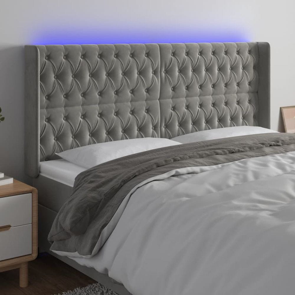 shumee Čelo postele s LED bledosivé 183x16x118/128 cm zamat